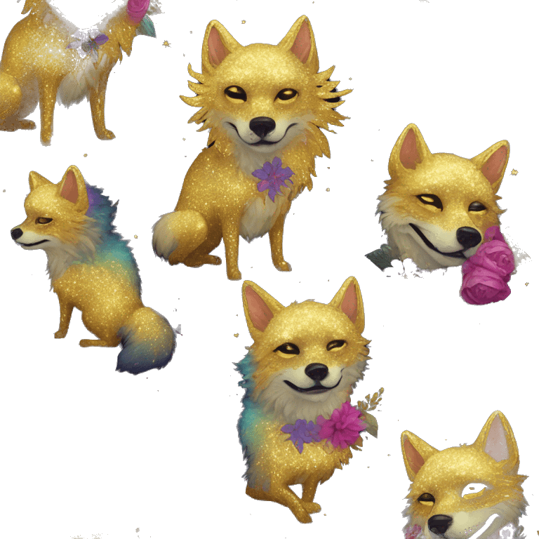 Black iridescent fluffy dog fox head zombie skull skeleton gold mechanical nebula galaxy stars colorful flowers fairy lights vintage emoji