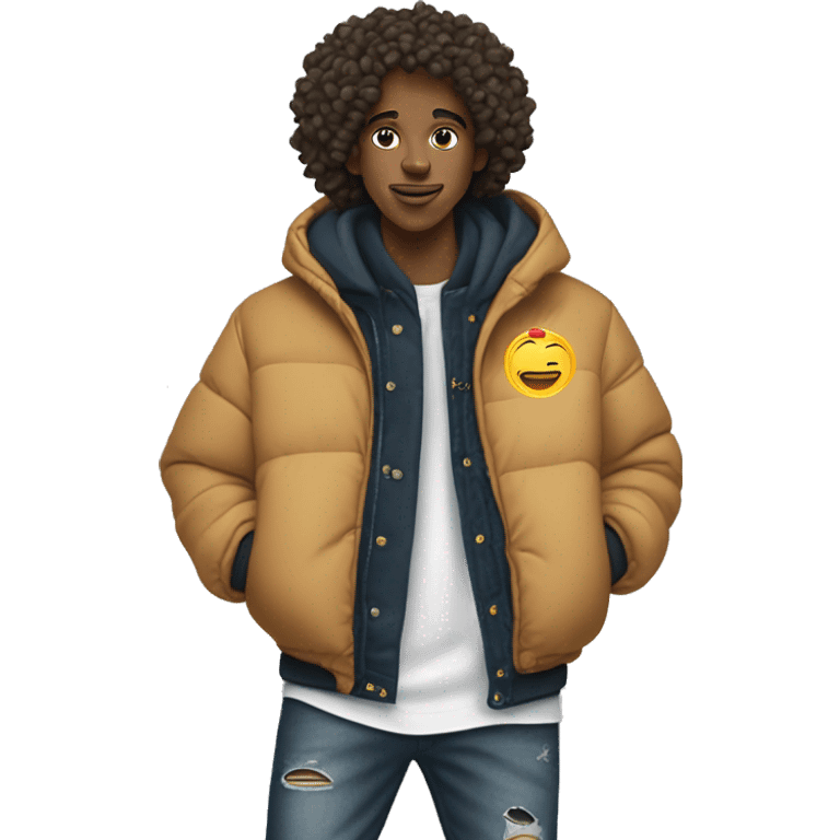 Ein Junge mit locken macht West side Hand zeichnen und trägt ein schwarzen hoodie mit einer Puffer Jacke mit einer baggy Jeans und Nike Schuhe  emoji