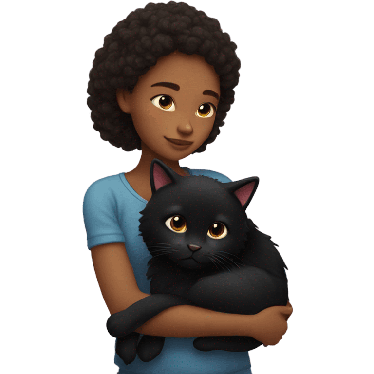 Girl cuddling with black fluffy cat emoji