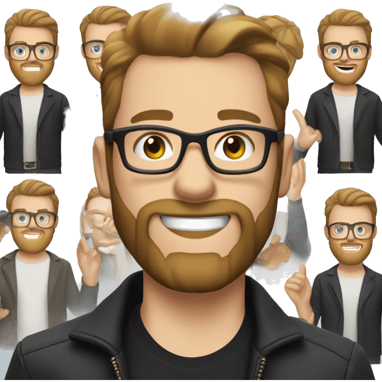 white guy with beard, dark blond hair brad pit style square glasses blue eyes in a light black jacket with white undershirt waving hello emoji