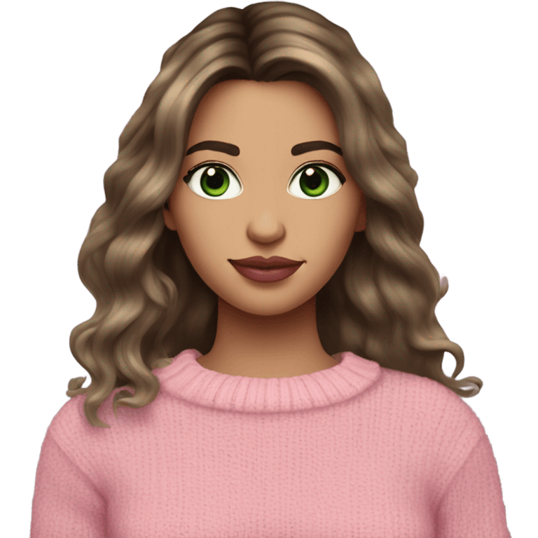 Brunette balayage long hair white woman green eyes pink sweater and pink lips  emoji