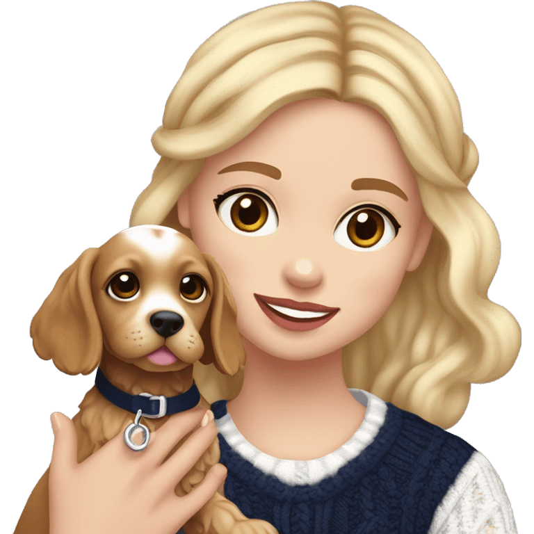 A blonde girl with brown eyes, pinkish brownish lipstick ￼wearing a navy blue headband and a navy blue and white cable knit fair isle jumper. In her arms she is holding a golden brown cocker spaniel girl puppy who had a pink collar around her neck. emoji