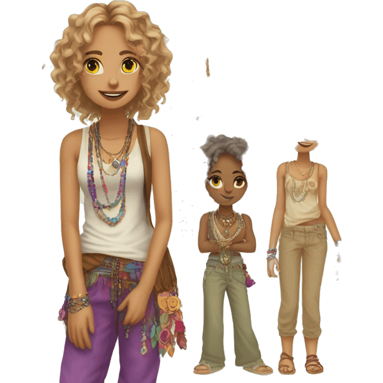 Hippie girl with curly dirty blonde hair, hazel eyes, baggy colorful pants and a tank top, LOTS OF bohemian bracelets and jewelry emoji