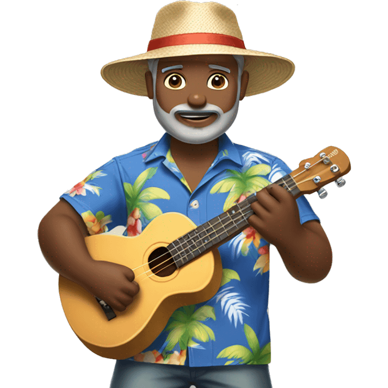 dark-skinned native hawaiian man h playing ukulele age 57 wearing hawaiian shirt shorts beard with baseball cap back small eyes emoji