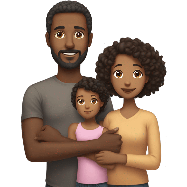 A family, black father short hair and unshaven beard, brown mother black hair on her shoulders, daughter 10 years old, curly hair on her shoulders emoji