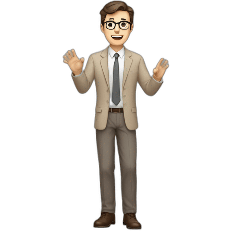 To belt Actively gesturing with hands Pale skinned fit man teacher with dark brown hair in gray jacket, beige office shirt, brown tie, brown pants and vintage glasses. emoji