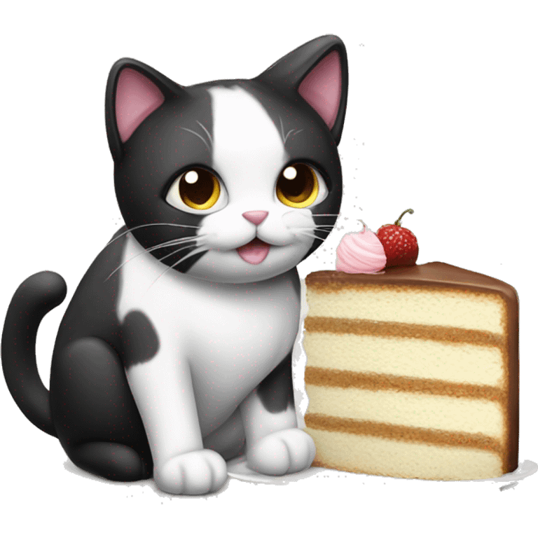 Black and white Cat eating a cake emoji