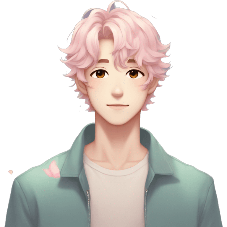 Gorgeous pastel anime style gentle man with blushing face and butterflies aesthetic trending style emoji