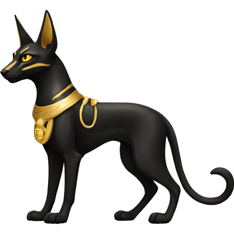 Black Egyptian Anubis-Cat. Golden Anubis-Rings and yellow markings. Full body emoji