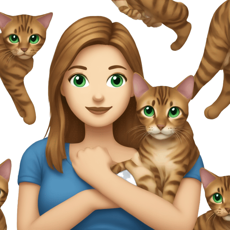 a beautiful girl with green eyes and brown hair is holding a Bengal cat with blue eyes in her arms emoji