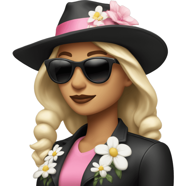  woman wearing a black hat adorned with a white flower and smaller decorative flowers. She is also wearing black sunglasses and a shiny pink jacket over a black top. She appears in a side profile pose , her head slightly tilted back. White skin emoji