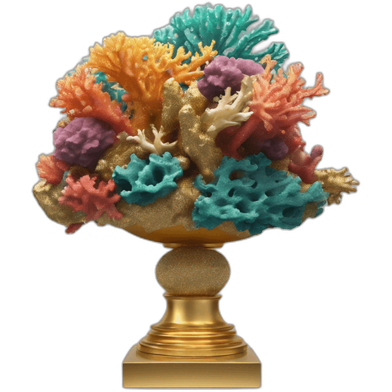 modern sculpture of colorful sea corals on a golden glittering pedestal, zoomed out view of the entire sculpture, 4K resolution emoji