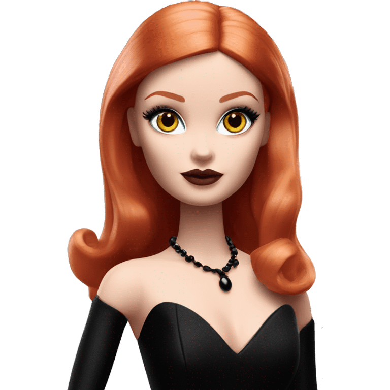  Bunny Wednesday Addams Barbie dancing.  Cute eye makeup face. Longer red hair. black flowing strapless tight evening gown with  plunging neckline that’s off-the-shoulders that also shows her legs and black shiny velvet high heel shoes. emoji