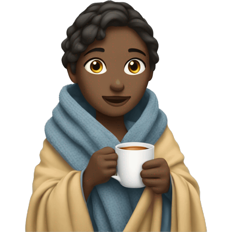 Girl in blanket with cup of tea emoji