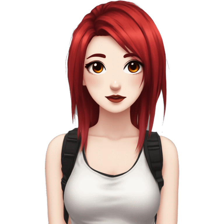 Gorgeous anime style lady with blushing face aesthetic and pretty edgy black red punk hair with hair garment trending style emoji