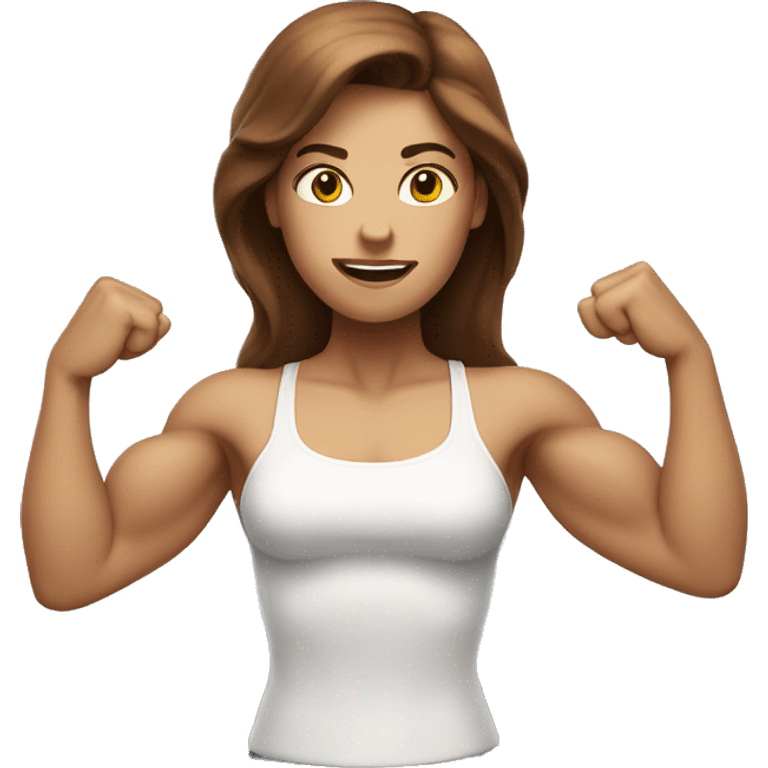 White lady with long brown hair flexing her muscles  emoji