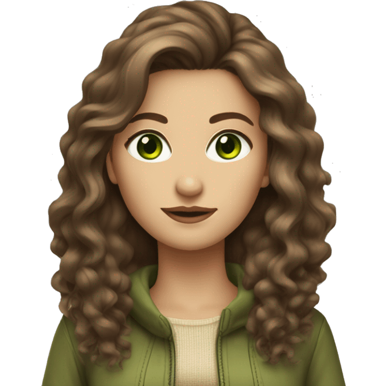 woman long medium brown voluminous hair with green eyes beige skin and hot outfit emoji