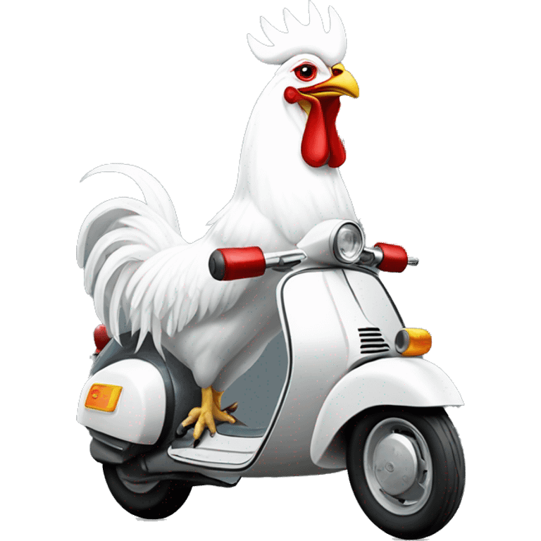 howling a white rooster with a crown on its head driving a scouter Vespa. emoji