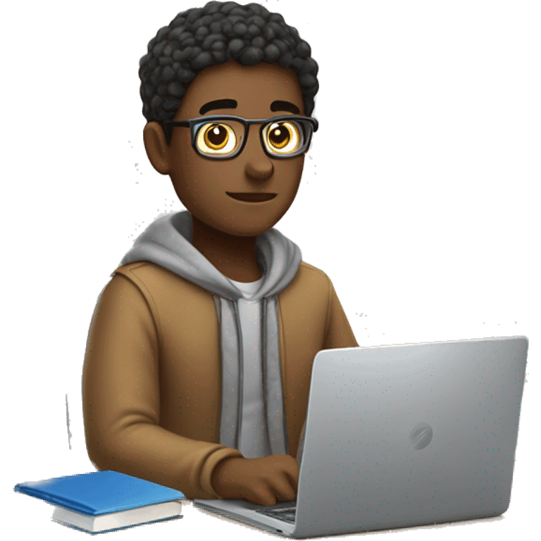 male student sitting at a school desk with blanket wrapped around shoulders working on chromebook emoji