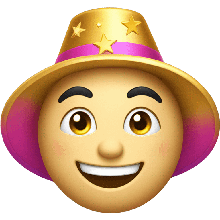 
Joyful emoji: Round face, big smile, sparkling crescent eyes, arched eyebrows. Golden stars near the eyes, colorful party hat tilted, rosy cheeks. with hat emoji