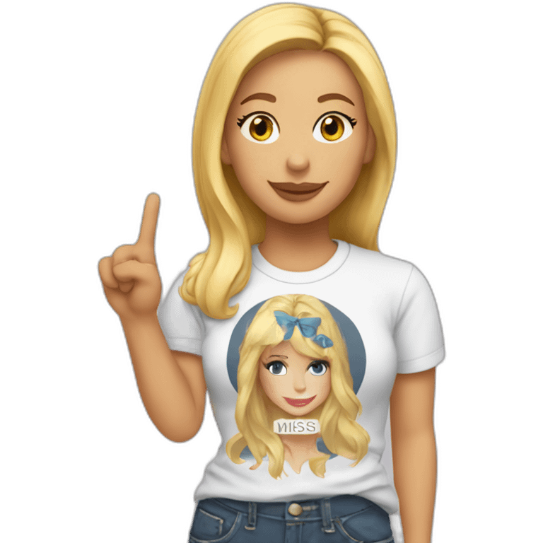 A blonde making the peace sign and wearing a t-shirt with the text "Miss Bourbon" emoji