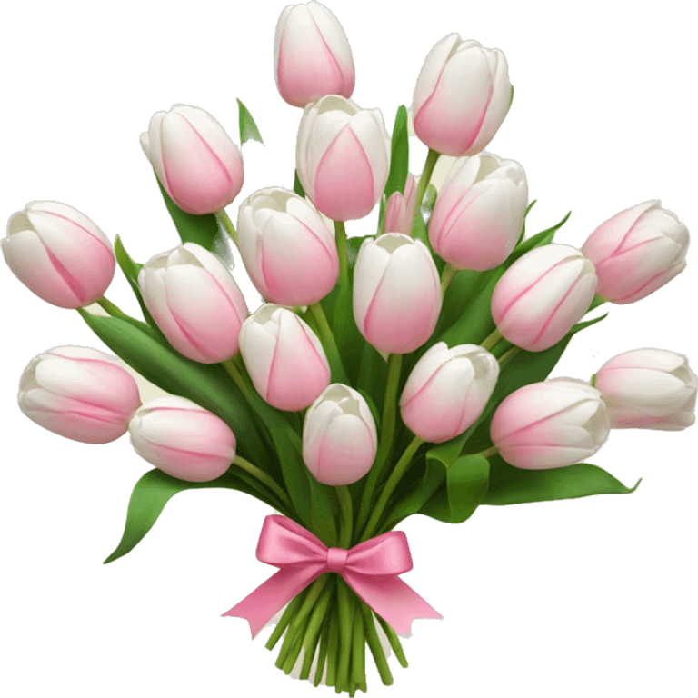 bouquet with 5 white tulips and 5 pink tulips with a bow around it emoji