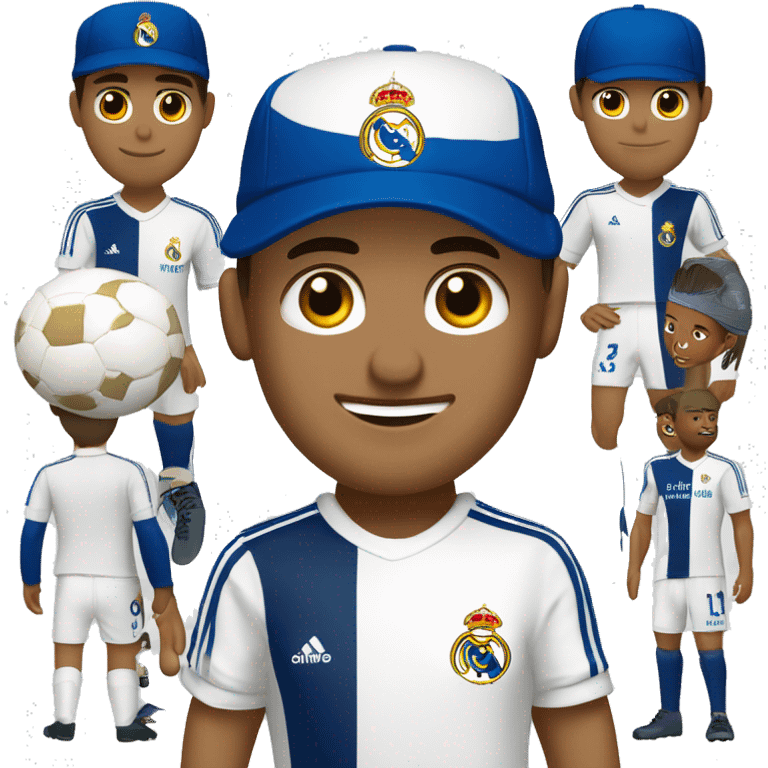 Chico blanco con una gorra azul con, una camisa de futbol del equipo de futbol Real Madrid y Con unos pantalones oscuros emoji