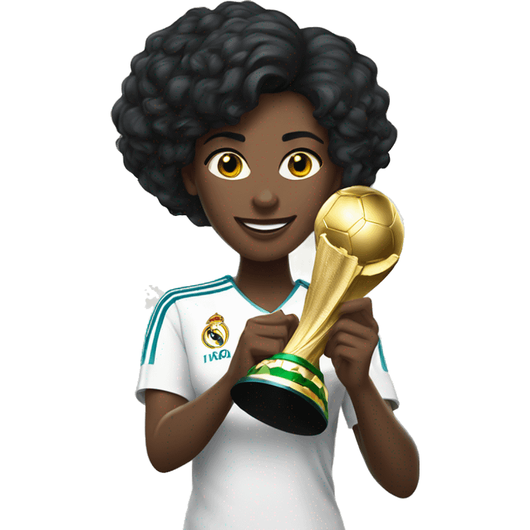 Women with black hair holding the soccer world cup trophy, wearing a real madrid jersey emoji