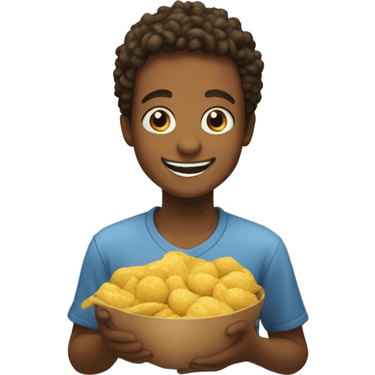 smiling boy with food indoors emoji