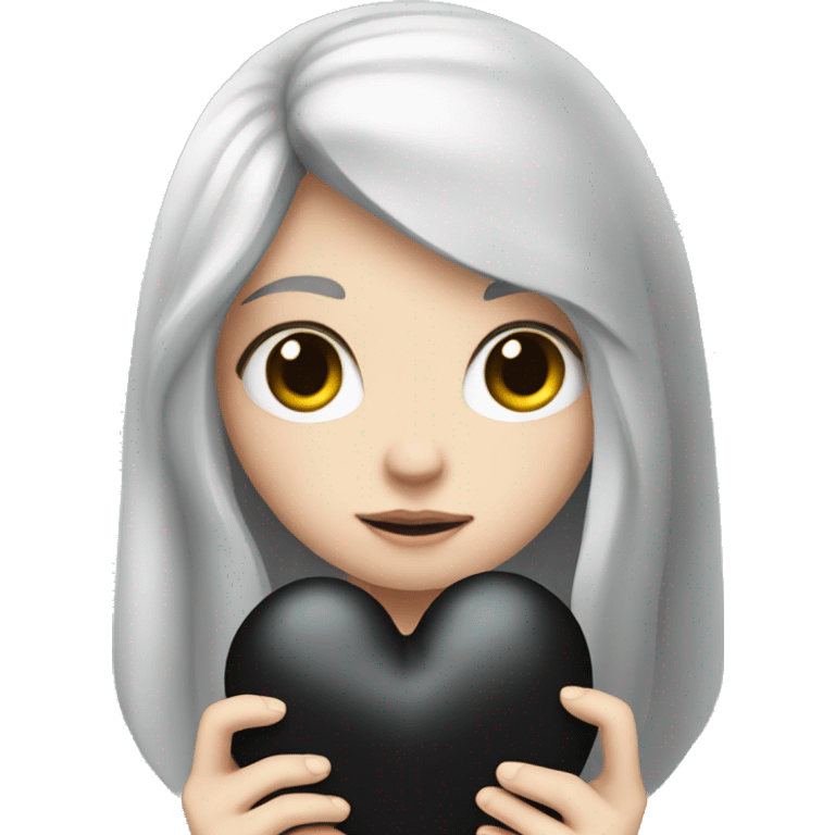 Pale girl with long black hair holding black heart in her hands  emoji