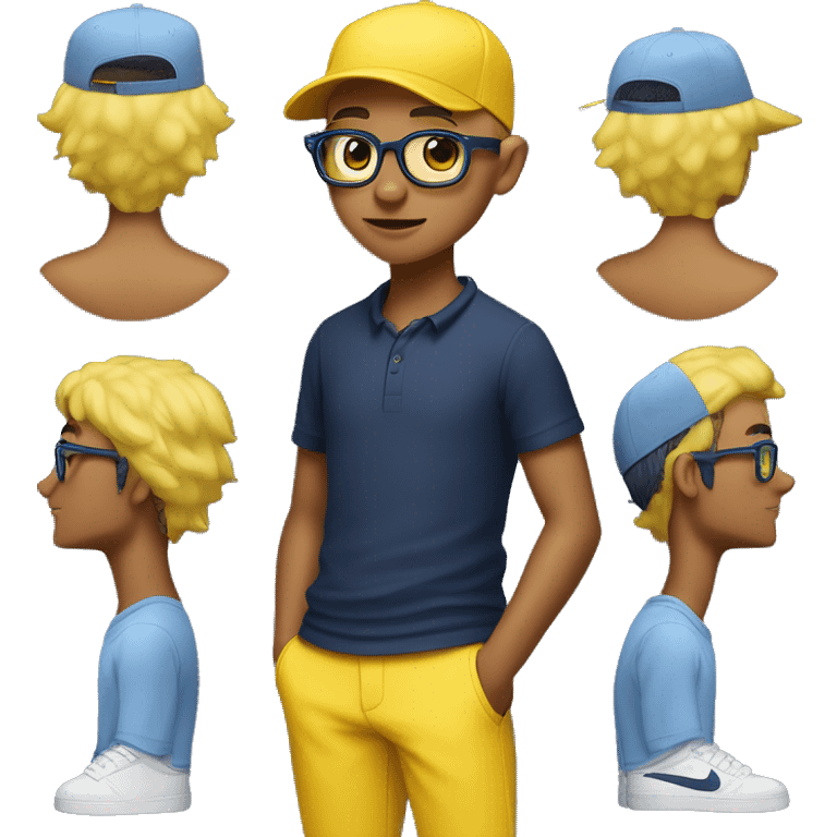 15 year old boy growing yellow hair & yellow eyebrows, wearing polo navy blue t shirt, yellow cap, rayban glasses, light blue pants, black nike gaming shoes, headphones, apple watch & holding iPhone emoji