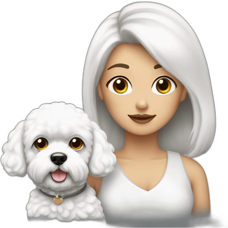 mujer piel blanca con chongo negro con perro bichon blanco emoji