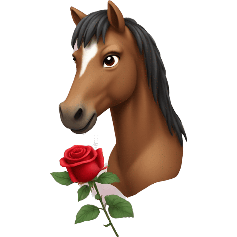 Horse biting a red rose in mouth emoji