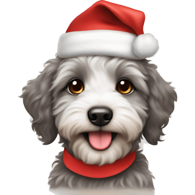 Aussidoodle puppy wearing Santa hat and red bow emoji