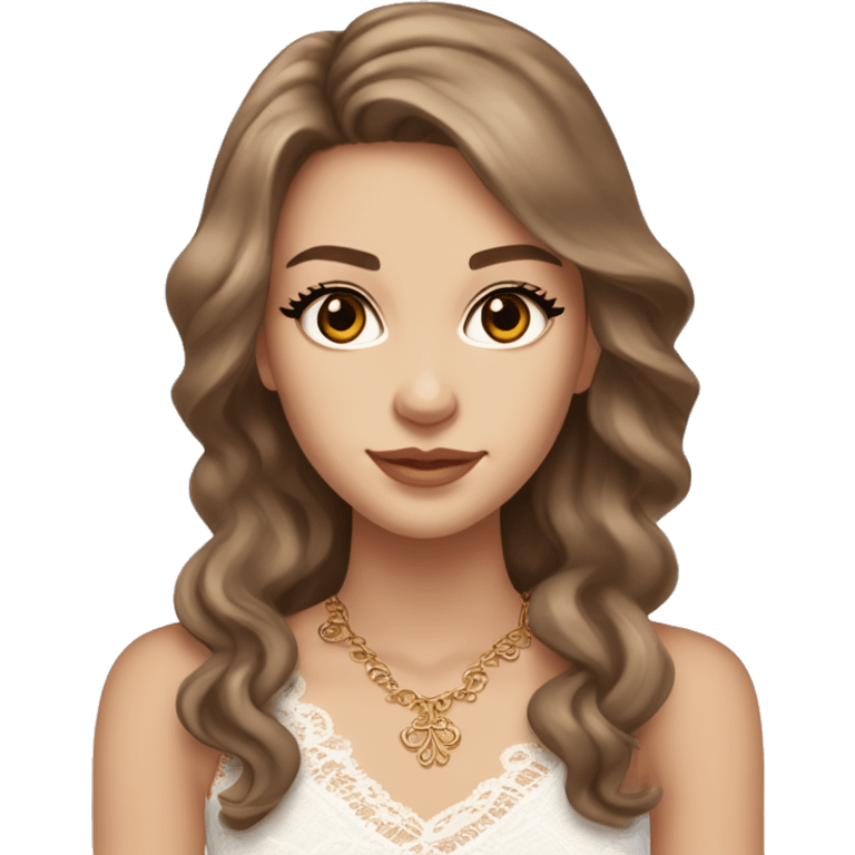 fair-skinned girl with dark brown, almond-shaped eyes and long lashes. long, light brown hair styled in a voluminous, wavy blowout. wearing a delicate white lace tank top and a dainty gold necklace, creating an elegant and feminine look. emoji