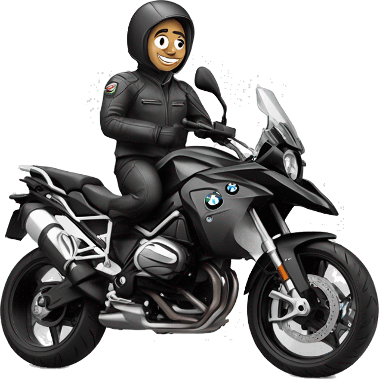 caricatura de un Motero saludando, Montado en una bmw f800r negra  emoji