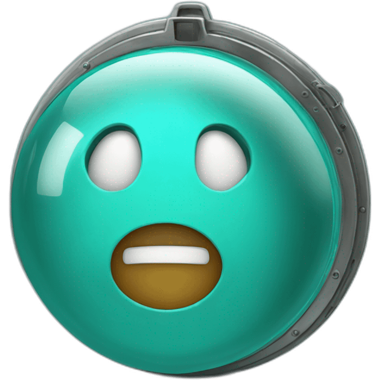 ball that looks like a turquoise blue porthole with a face and that makes hello emoji