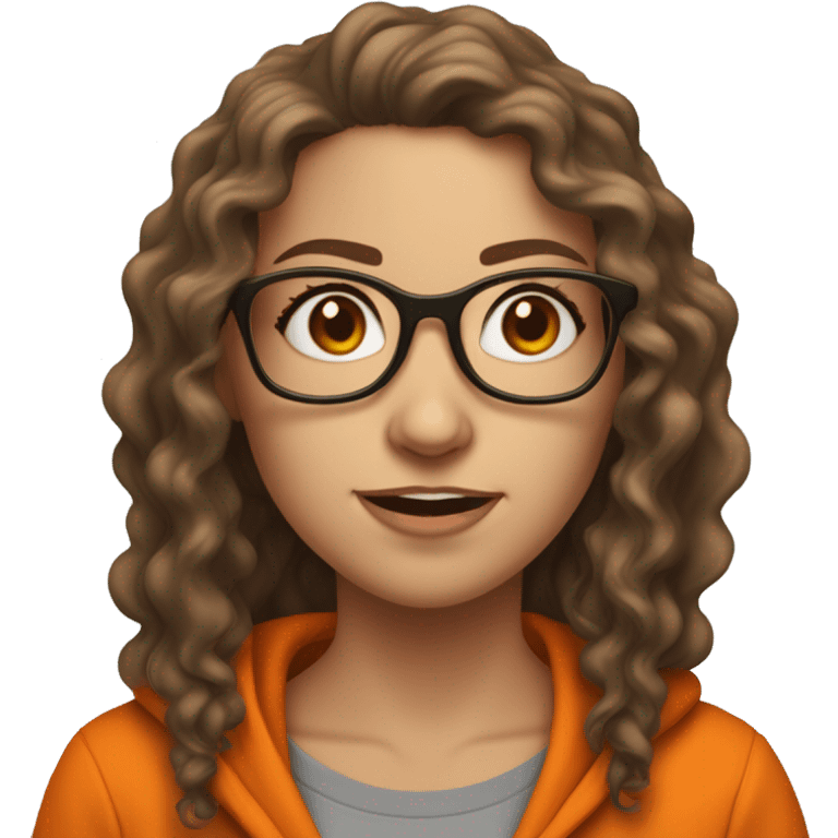 Standing up White woman with brown long curly hair with mischievous look and orange hoodie on. Wearing glasses but one side  has a dark lense and one side  is missing a lense  emoji