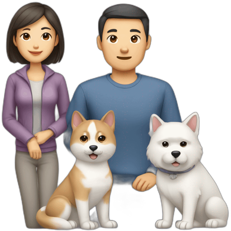 asian dad, white mom, akita dog, grey cat family emoji