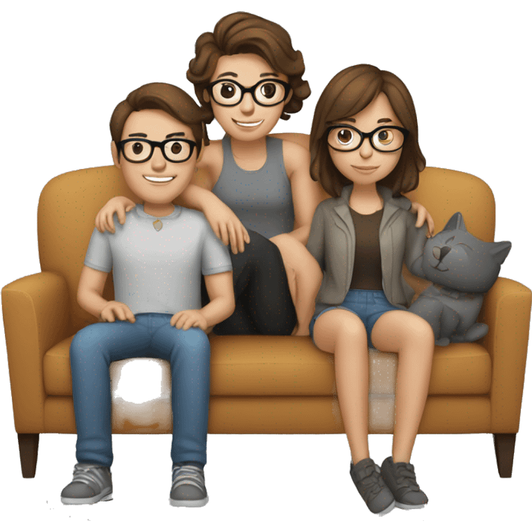 a couple, girl brown hair, glasses, man brown air and 2 cats in a gray couch emoji