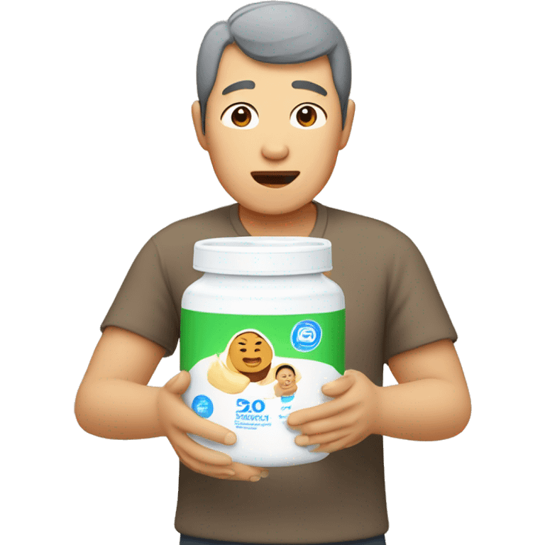 A 50-year-old Asian man feeding his baby formula emoji