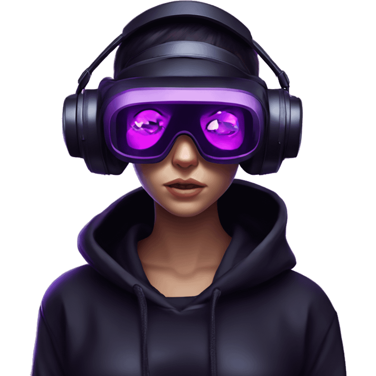 Russian girl wearing black hoody with violet letters "OMG", in vr headset. Cyberpunk style. Violet neon. emoji