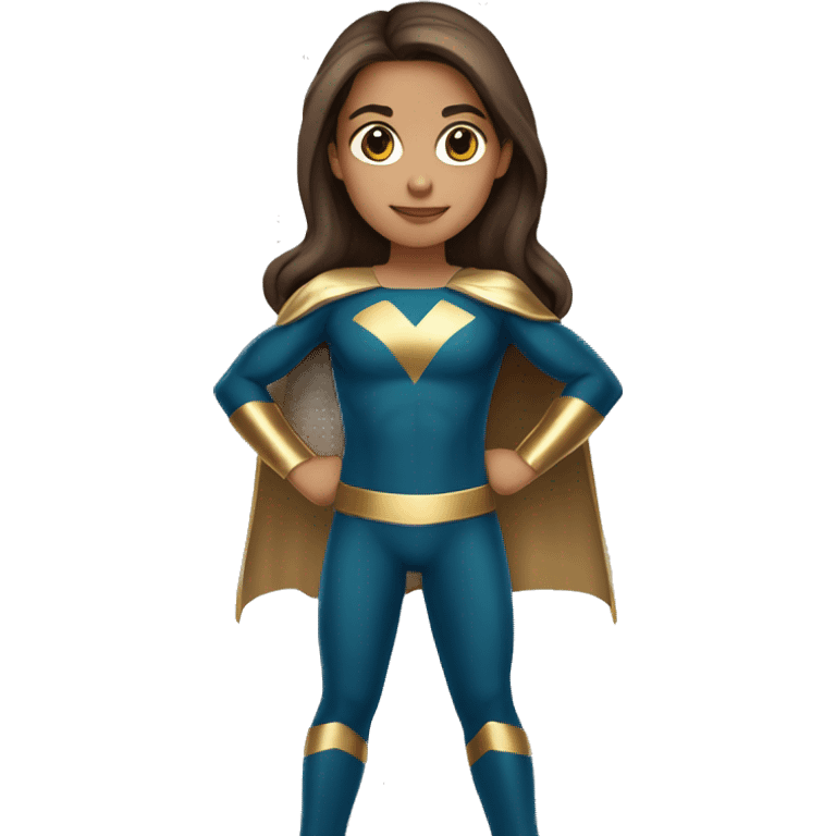 superhero, child, girl, long brown hair, brown eyes, hispanic, straight hair, earrings, gold clothes emoji