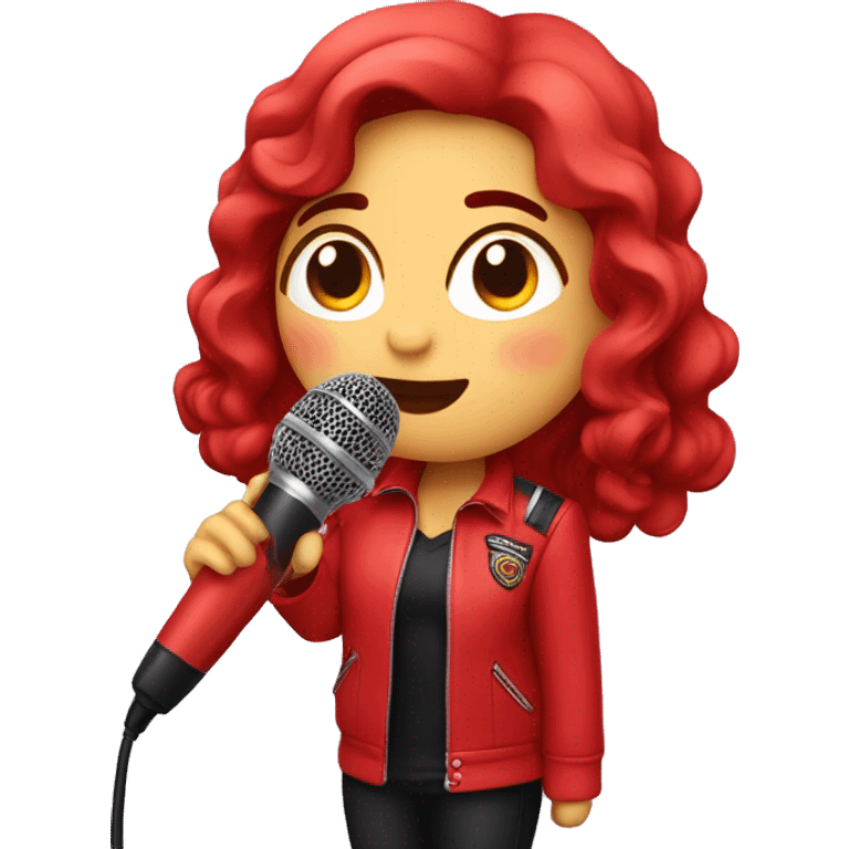 rosalía with a red biker uniform and holding a microphone emoji