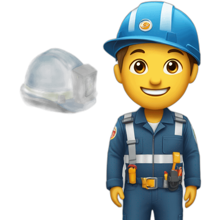 An little kid with engineer uniform. Logo “FE” as logo on his hat, laughing emoji