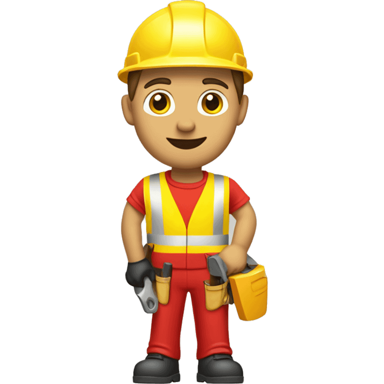 a caucasian construction worker from the chest up, looking frontal, wearing a red hard hat and yellow high-visibility vest, underneath he is wearing a red t-shirt, holding a hammer emoji