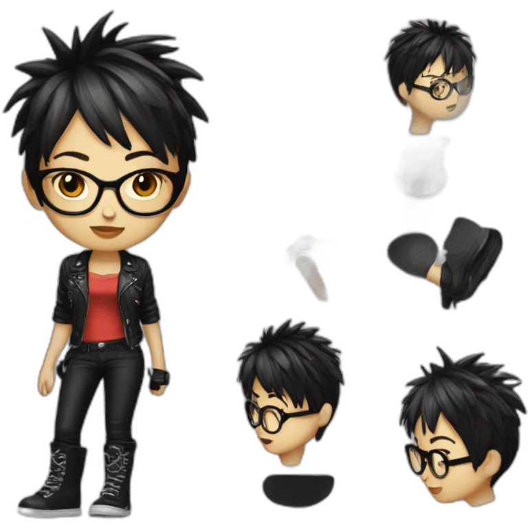 Punk female , glasses,bang read and black short hair, emoji