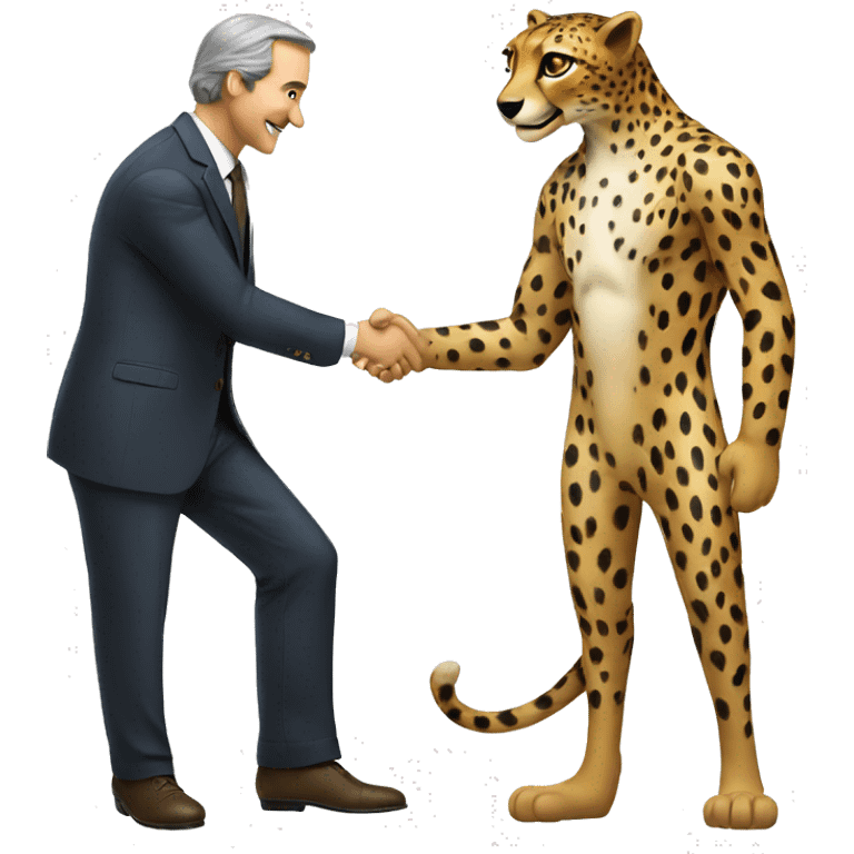 A cheetah in a classic suit shakes hands with a man  emoji