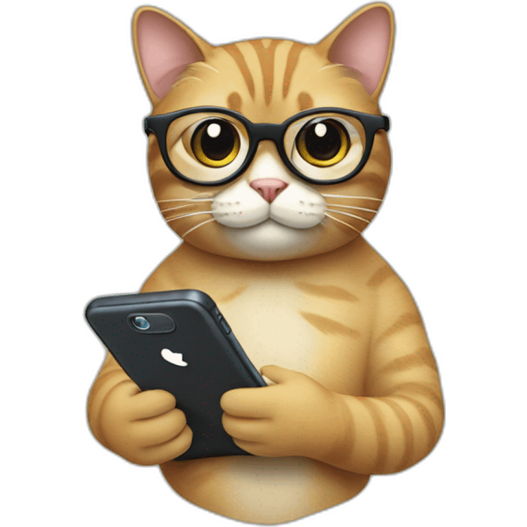 A cat's head in tech-savvy glasses with screens and a phone in its hand emoji