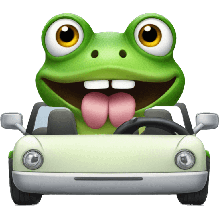 frog driving car with tongue out emoji